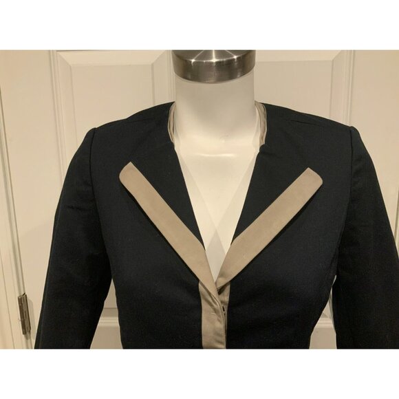 Tahari Navy Blue 3/4 Sleeves Jacket W/ Tan Trim & Zippered Pockets, Size 4 (US) - Picture 2 of 10